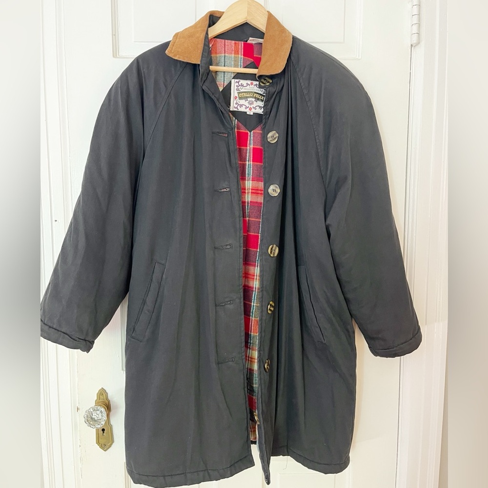 Vintage Otello Pelle Black Long Coat with Plaid Flannel Lining with Brown Suede